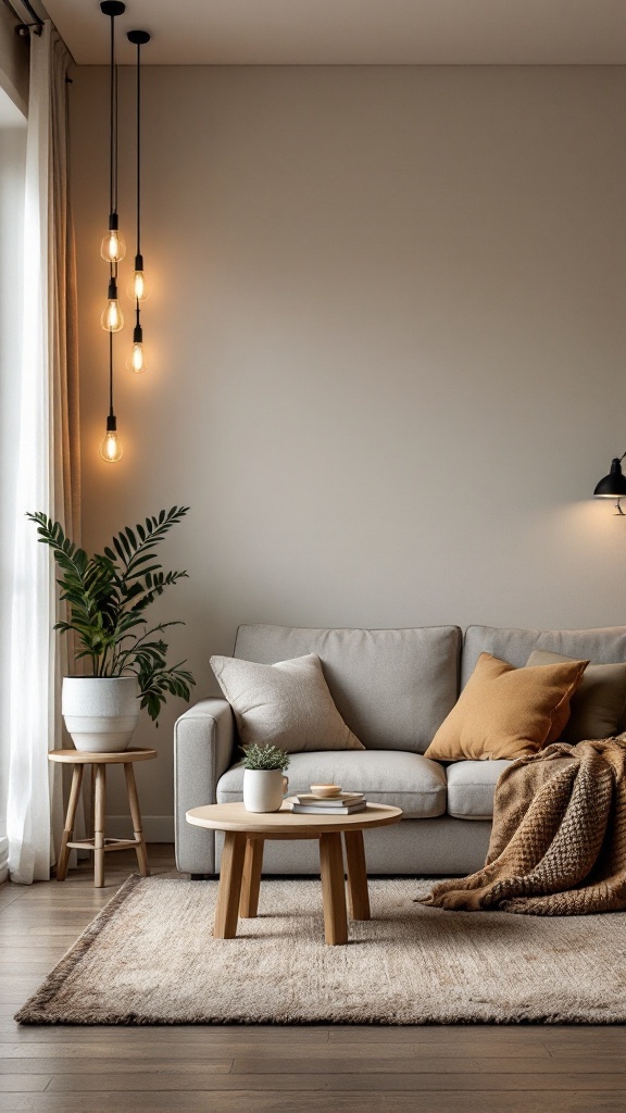 Cozy living room with modern pendant lighting and a comfortable sofa