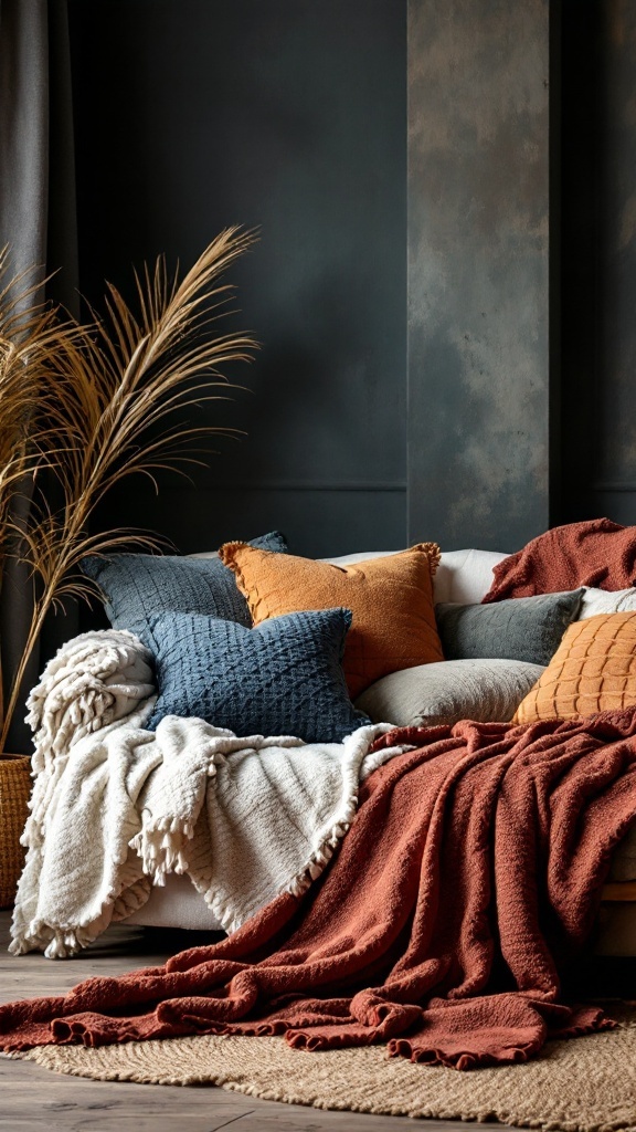 Cozy living room with layered textures including throws and cushions on a sofa
