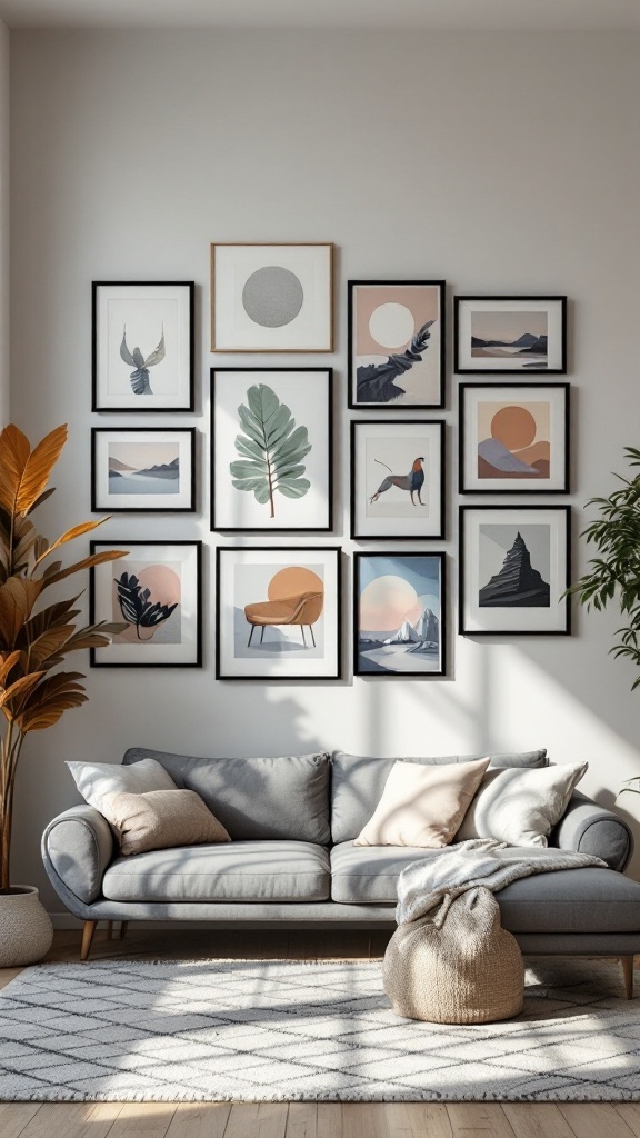 A cozy living room featuring a personalized wall art gallery and a comfortable gray sofa