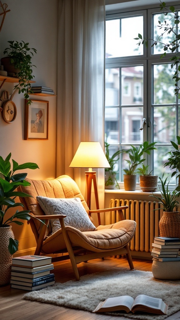 A cozy reading nook featuring a comfy chair, a lamp, and plants, perfect for reading.