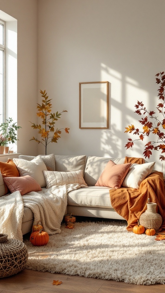 Cozy living room with seasonal decor featuring autumn colors, pumpkins, and textured throw pillows.