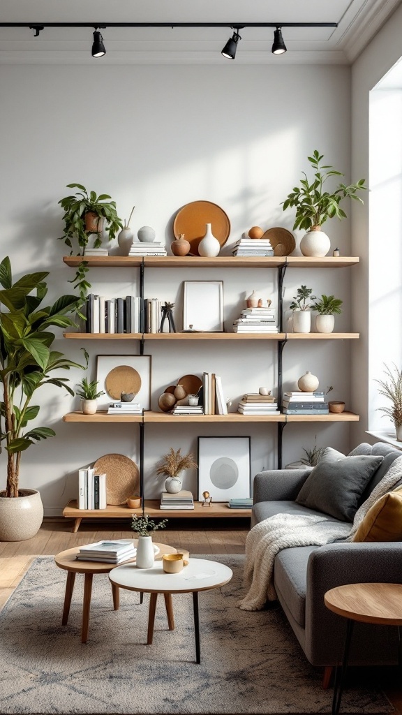 Stylish shelving with books, decor, and plants in a cozy living room