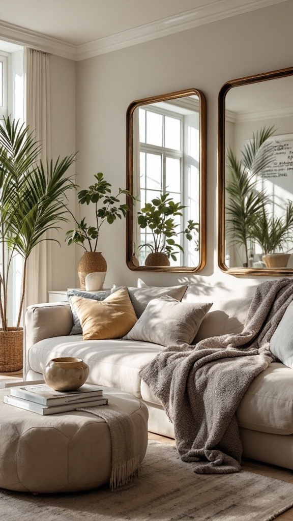 A cozy living room featuring two mirrors, plants, and a comfortable sofa.