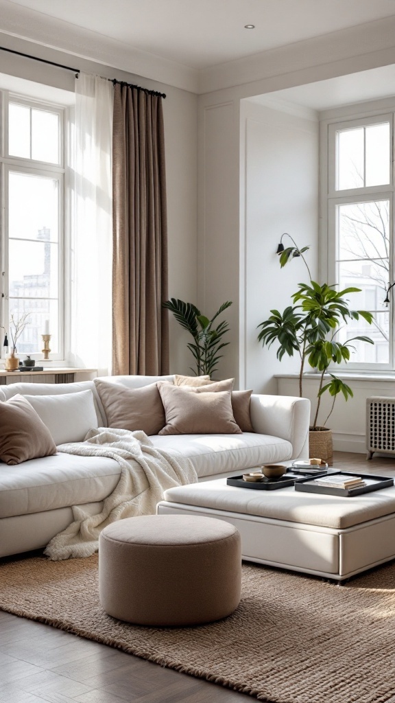A cozy living room with a white sectional sofa, round pouf, and indoor plants.