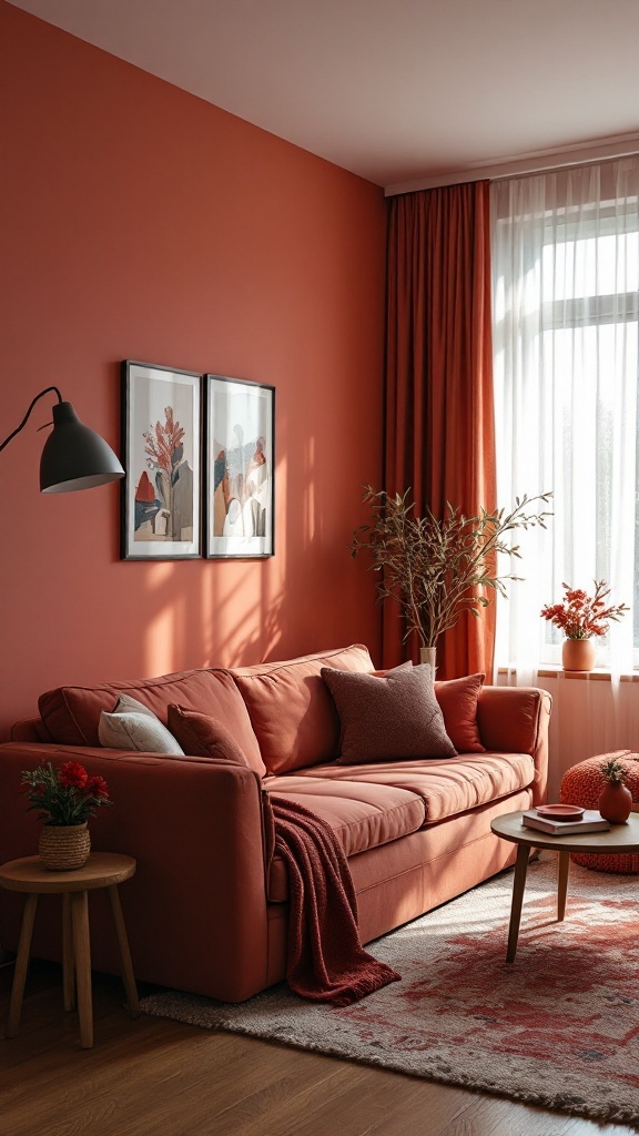 Cozy living room with terracotta walls, soft sofa, and warm decor