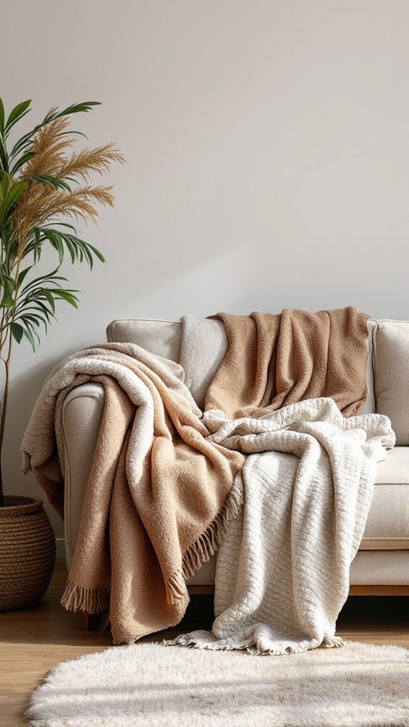A cozy sofa with warm throws in neutral tones, creating a textured and inviting living room atmosphere.