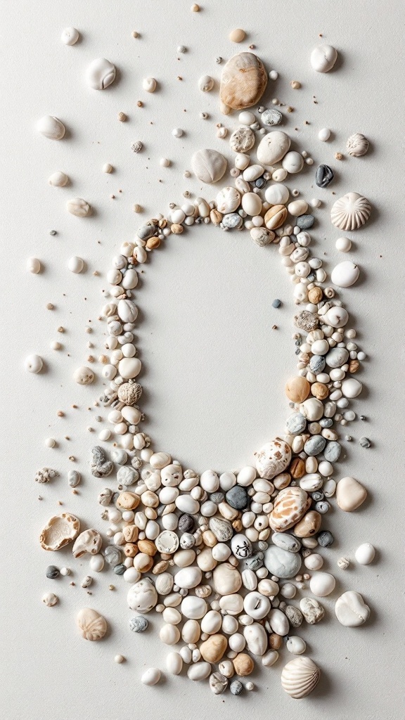 An arrangement of pebbles and seashells forming a decorative border on a light background.