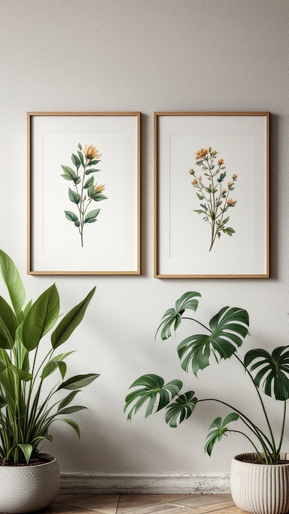 Two framed botanical prints on a wall next to green plants in pots.