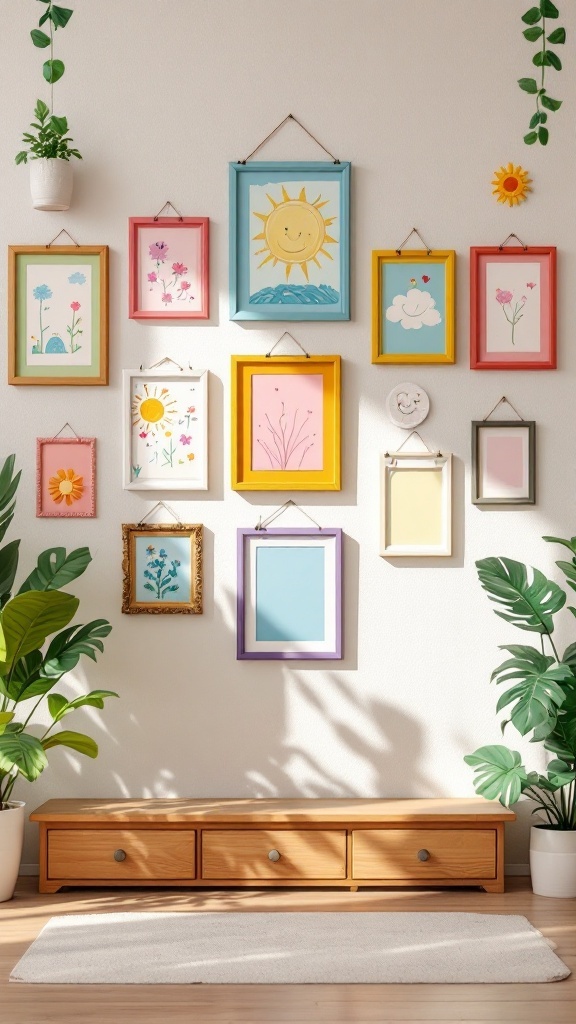 A vibrant children's art showcase with colorful framed drawings on a wall.