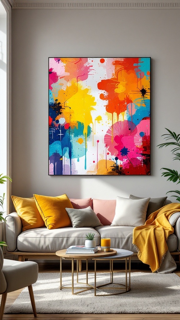 A colorful abstract canvas painting hanging in a bright living room.