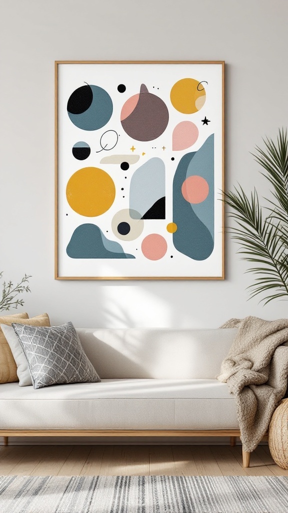 A colorful abstract wall art piece featuring various shapes in a modern living room setting.