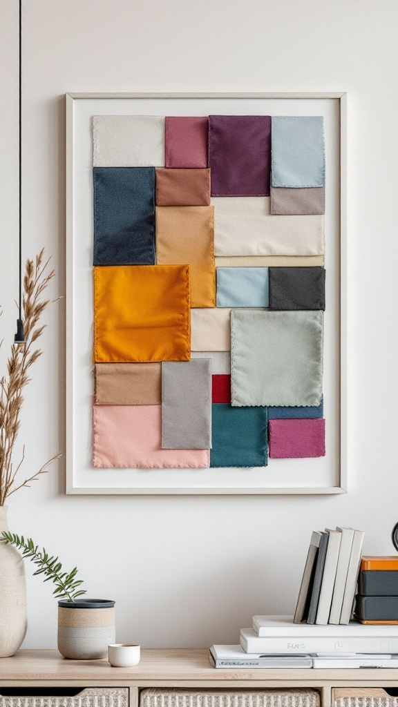 A stylish arrangement of various fabric swatches framed and hung on a wall