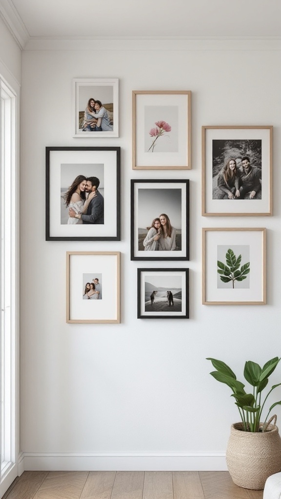 Gallery wall displaying a mix of personal photos and artwork in various frames