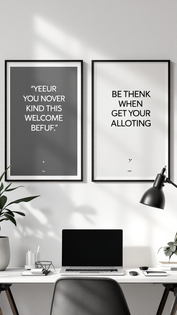 Two framed inspirational quote posters on a wall, one dark with a playful quote and another light with a motivational phrase, next to a sleek desk setup.