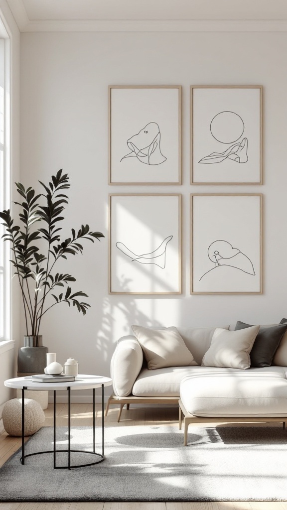 A cozy living room with four minimalist line drawings framed on the wall, complementing a modern aesthetic.