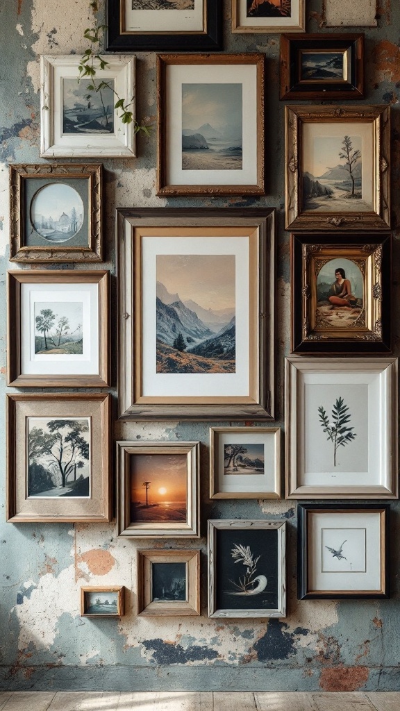 A wall filled with mismatched gallery frames showcasing various artworks.