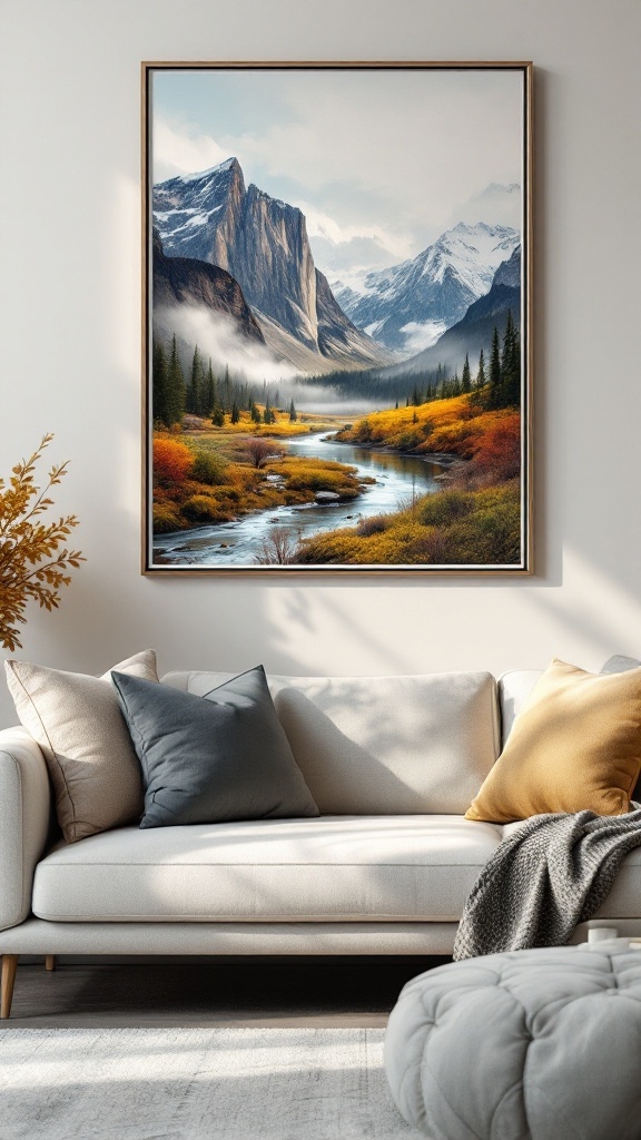 A beautiful natural landscape photograph featuring mountains, a river, and autumn trees, displayed above a cozy sofa.