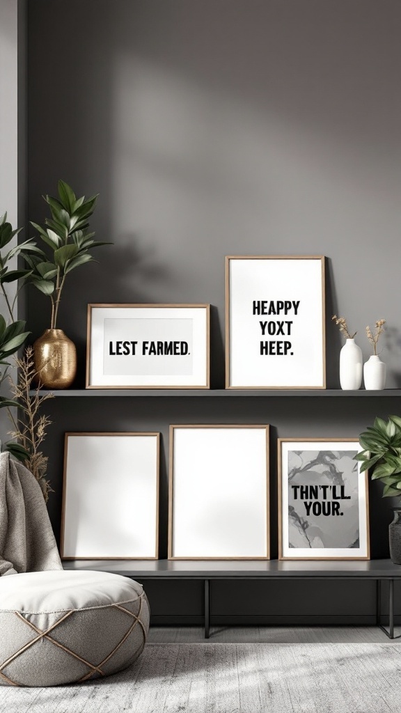 A stylish display of framed printable art on a shelf, featuring various quotes and empty frames.