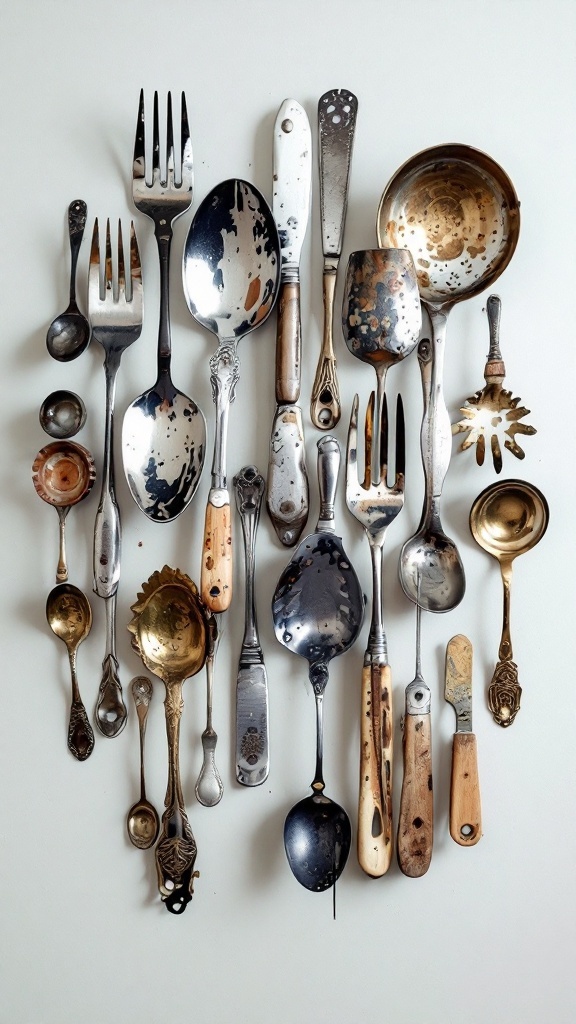 A collection of vintage kitchen utensils arranged artistically on a wall.