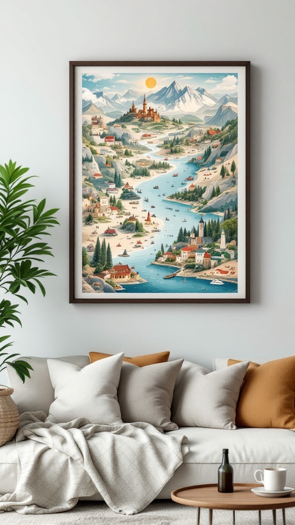 A scenic illustrated map featuring a river, mountains, and small towns, framed and displayed on a wall beside a cozy sofa.