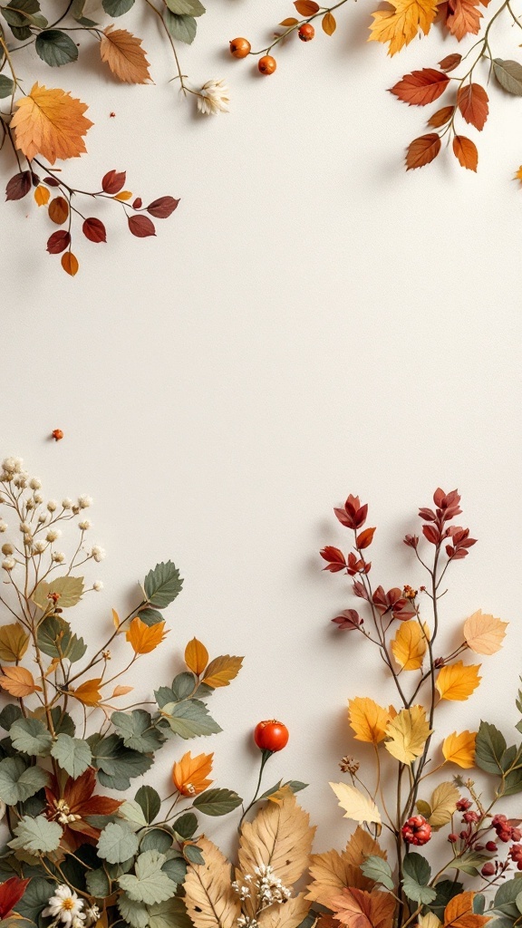 Autumn leaves and branches arranged on a white background