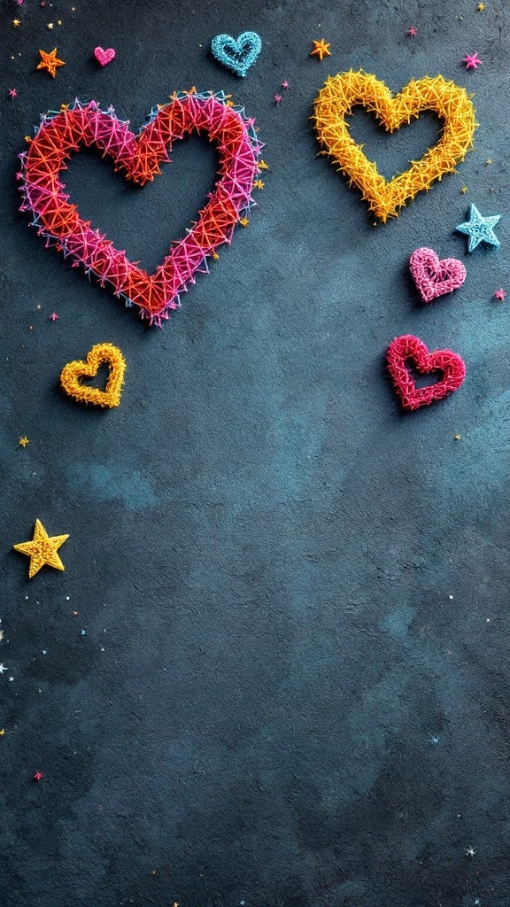 Colorful string art hearts and stars on a dark background