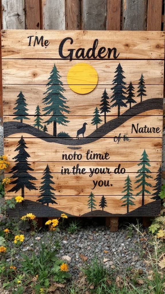 Wooden pallet art featuring a nature scene with a sun, trees, and a silhouette of a dog