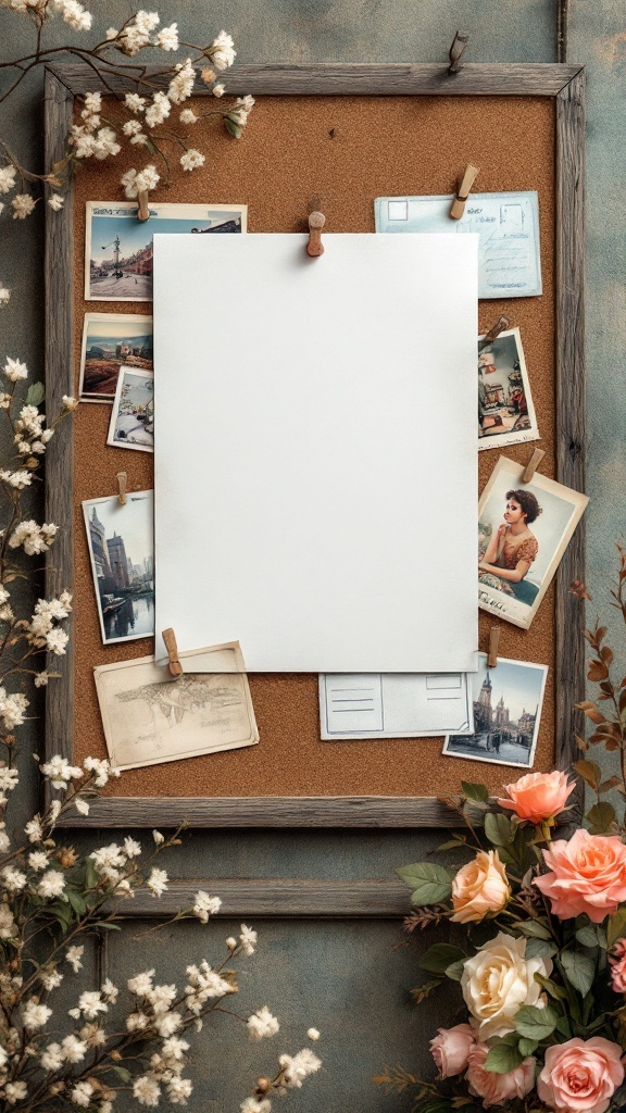 A corkboard framed in wood with vintage postcards pinned on it, surrounded by flowers.