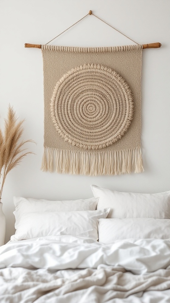 A woven wall hanging with a circular design displayed above a bed with white bedding.