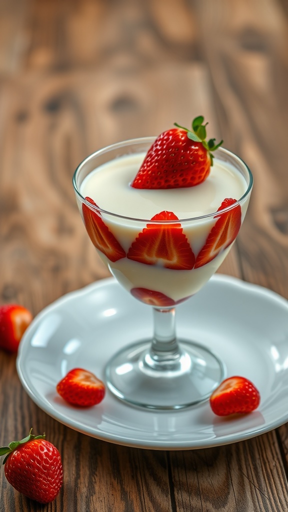 A glass of strawberry custard layered with strawberries and creamy custard, garnished with a strawberry, on a rustic table.