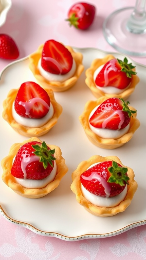 A plate of strawberry tartlets filled with cream and topped with fresh strawberries, elegantly presented.