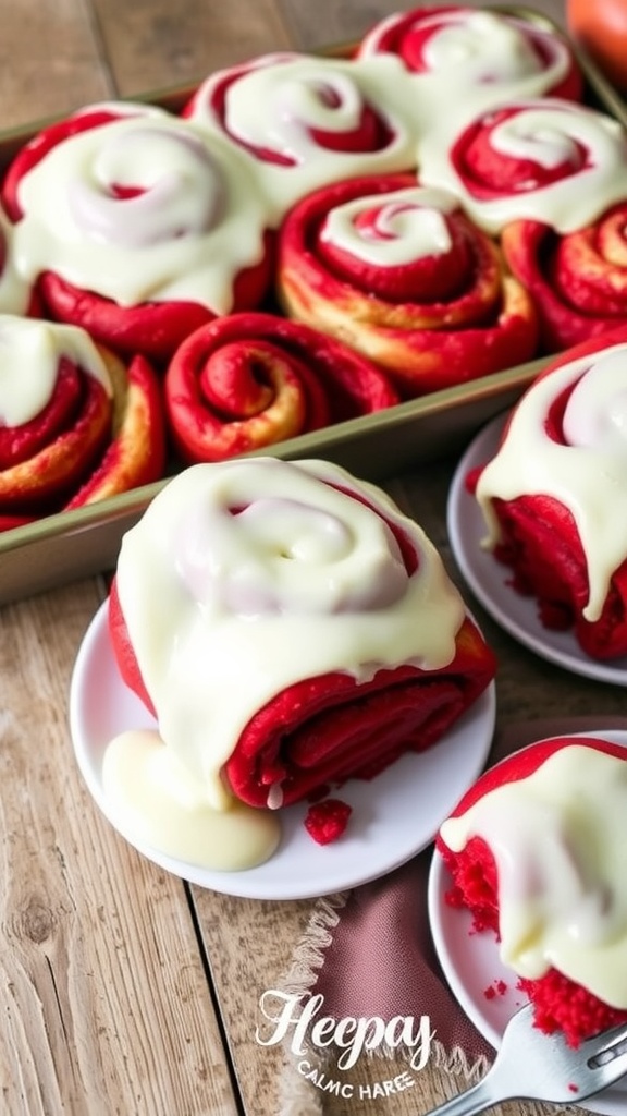 Freshly baked red velvet cinnamon rolls with cream cheese frosting on a rustic wooden table.