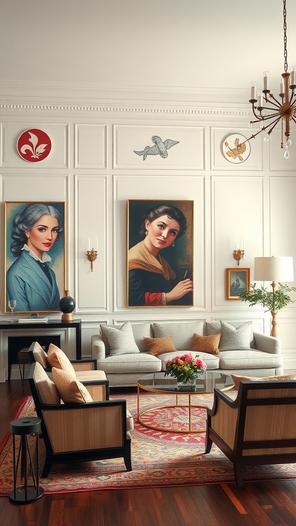 A formal living room with elegant wall treatments featuring portraits and decorative elements.