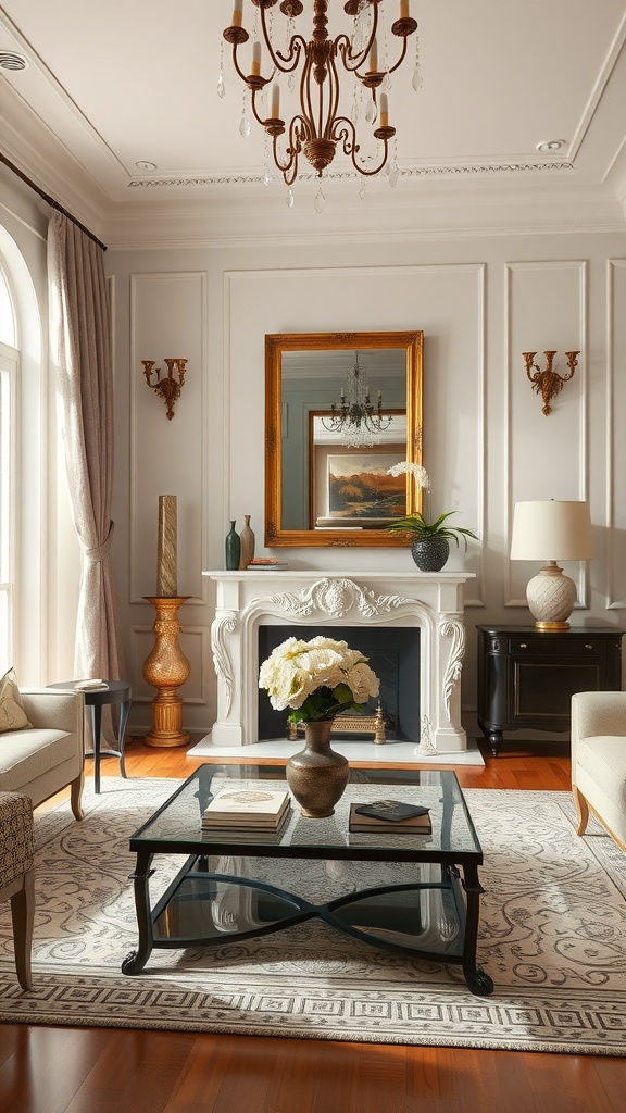 A luxurious formal living room featuring a chandelier, elegant furniture, and tasteful décor.