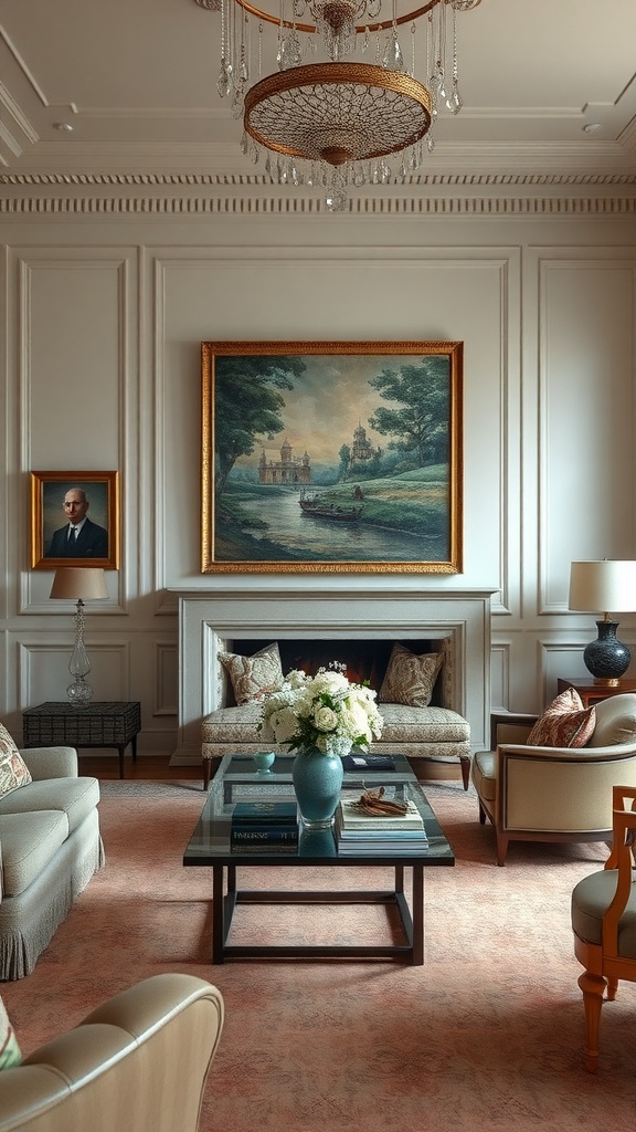 A formal living room featuring elegant furniture, a large painting above the fireplace, and a chandelier.