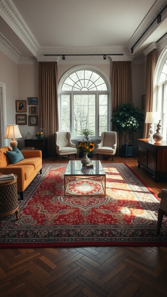 A formal living room featuring layered rugs, elegant furniture, and large windows.