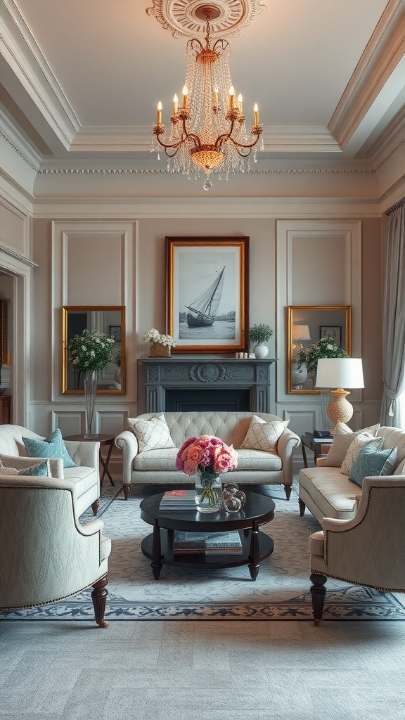 Elegant formal living room with chandelier, plush seating, and floral decorations