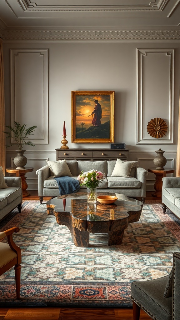 A formal living room featuring a unique coffee table with an organic shape, surrounded by elegant sofas and decorative elements.