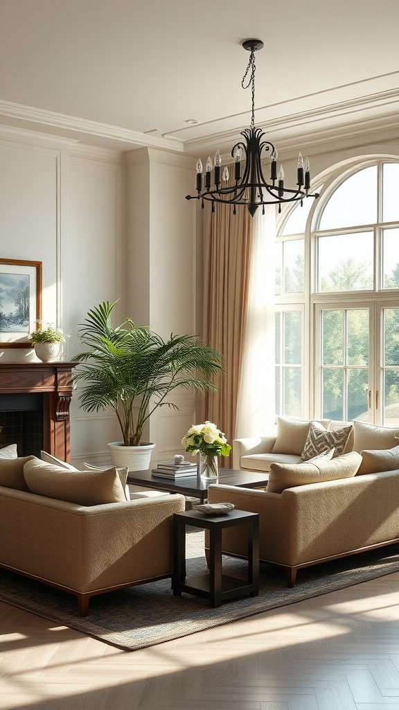 A beautifully decorated formal living room with abundant natural light, featuring large windows, neutral-colored furniture, and decorative plants.