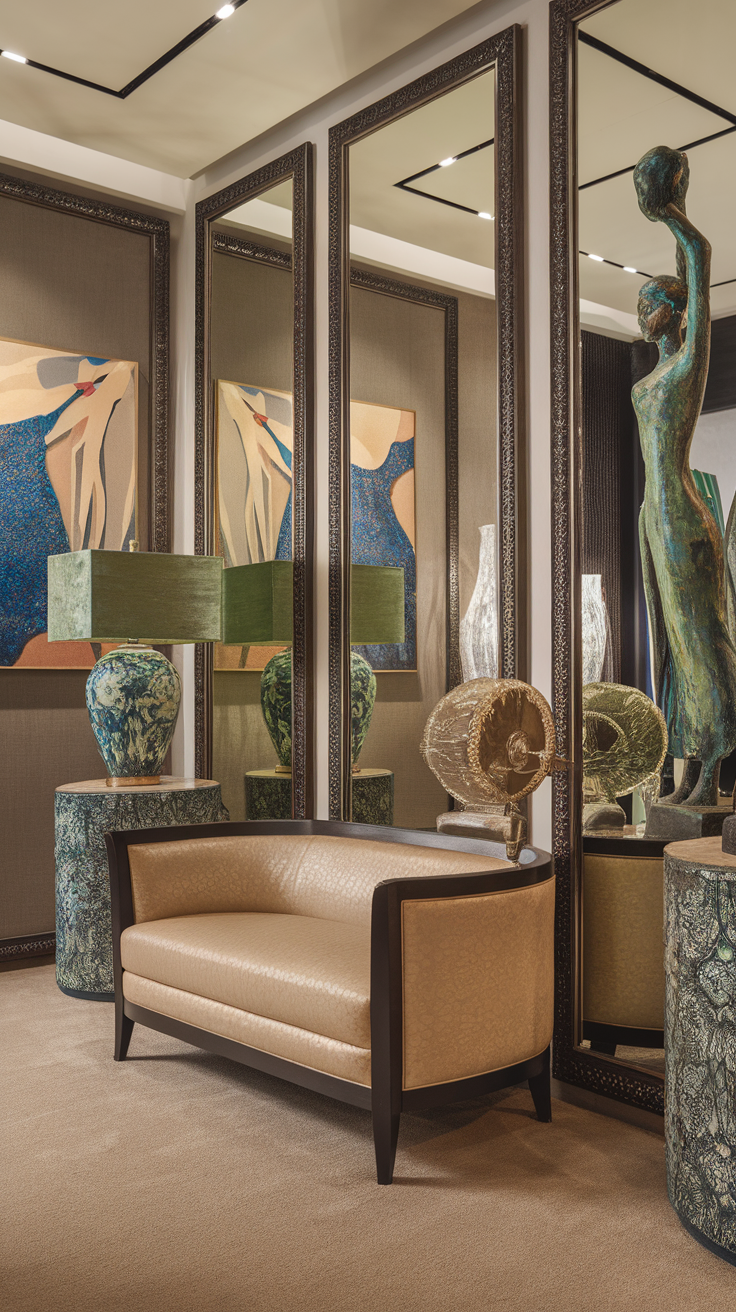 Stylish living space with mirrors, art, and decorative elements.
