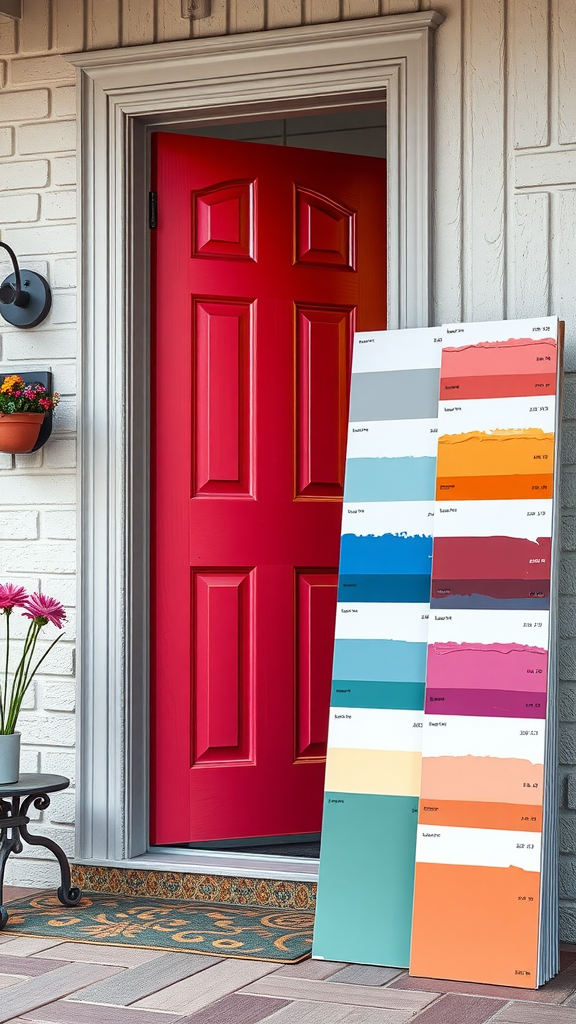 A bright red front door with a color palette display beside it, showcasing various paint colors.
