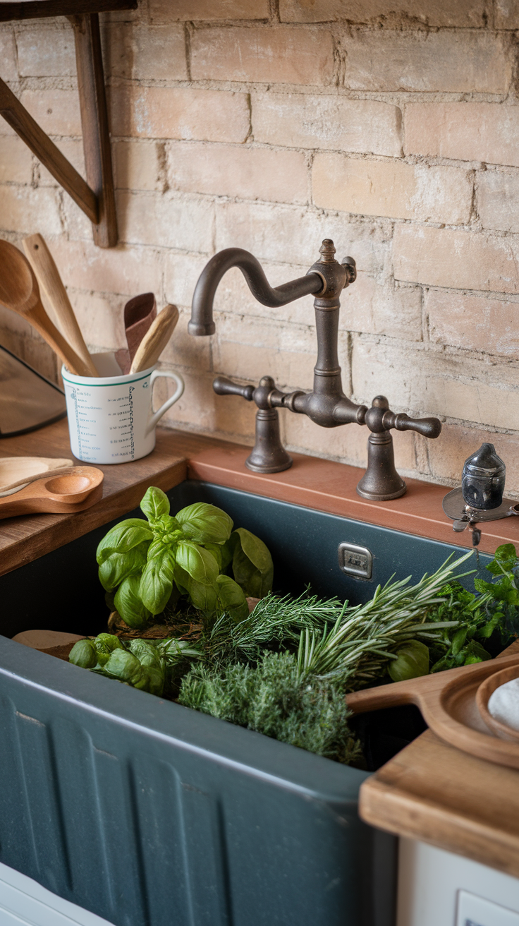 A traditional farmhouse sink filled with fresh herbs, accompanied by a vintage faucet and wooden utensils.