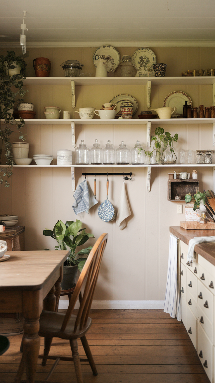 A kitchen with open shelving displaying vintage dishware, plants, and kitchen towels.