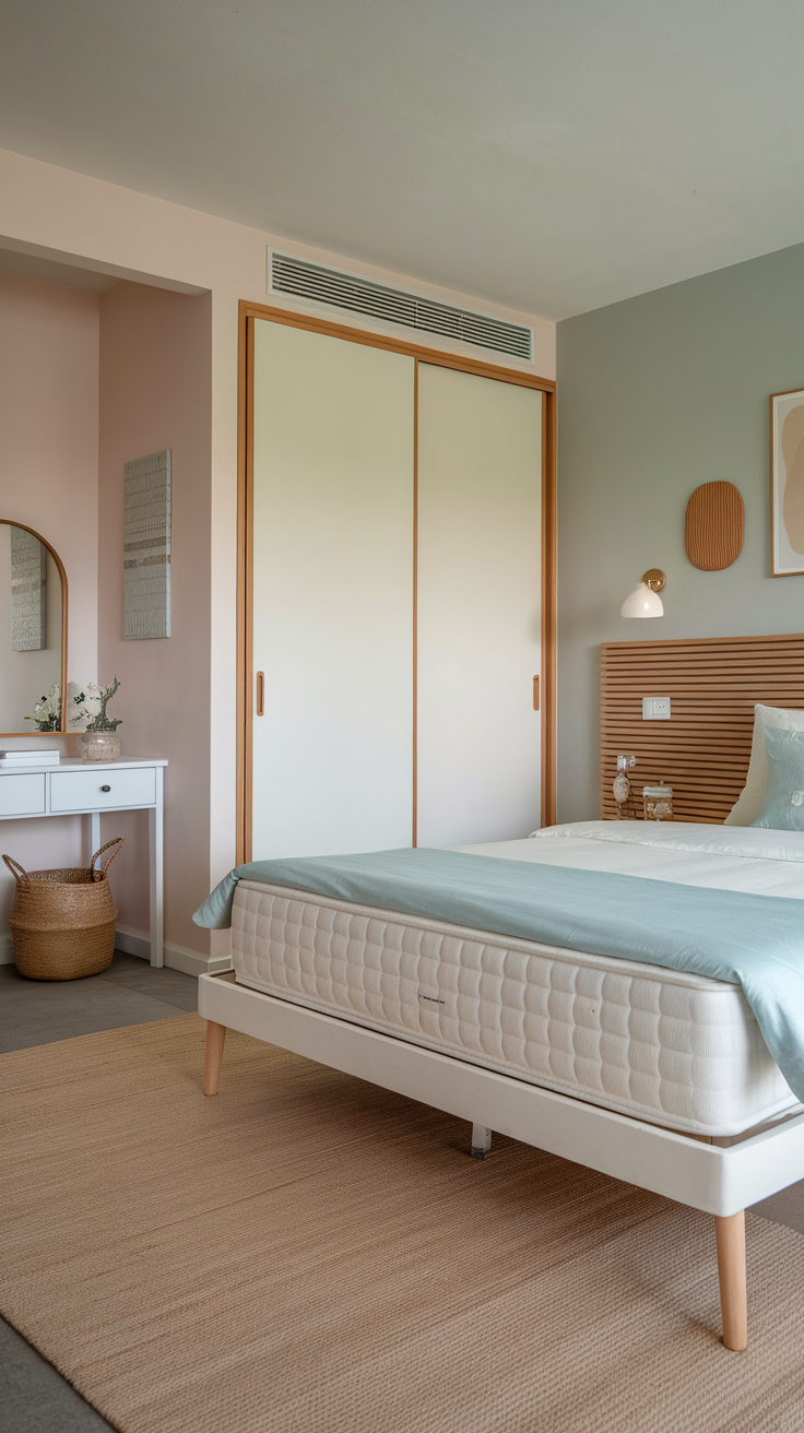 A serene bedroom with soft color palettes including light green, pink walls, and natural materials.
