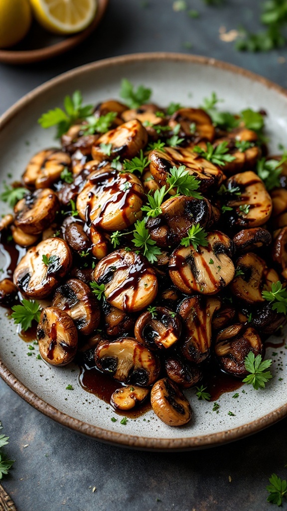 A close-up of a roasted mushroom salad topped with parsley and drizzled with balsamic reduction on a rustic plate.