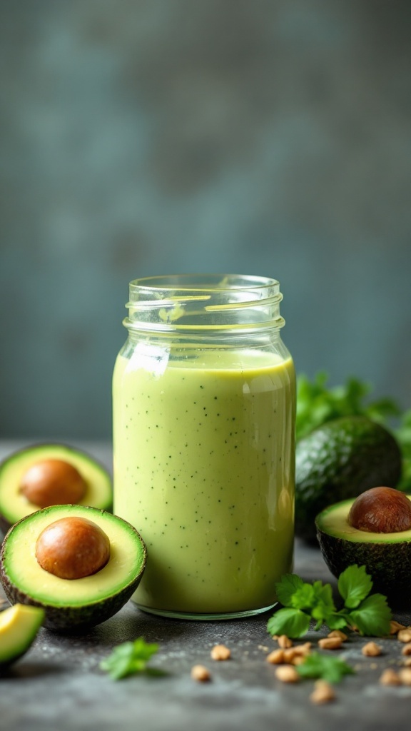 A jar of creamy avocado dressing next to sliced avocados and fresh herbs