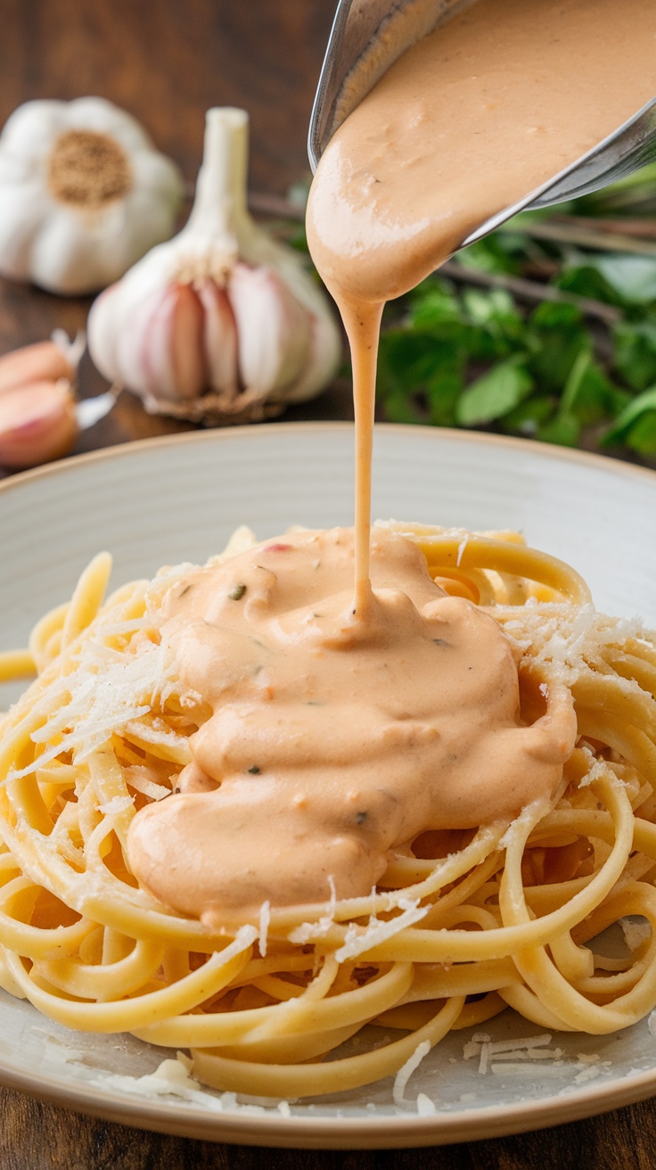 A creamy garlic sauce being poured over pasta.