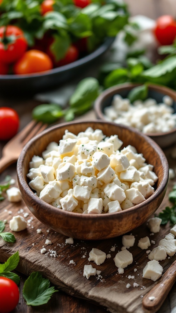 A bowl of feta cheese crumbles surrounded by fresh tomatoes and greenery