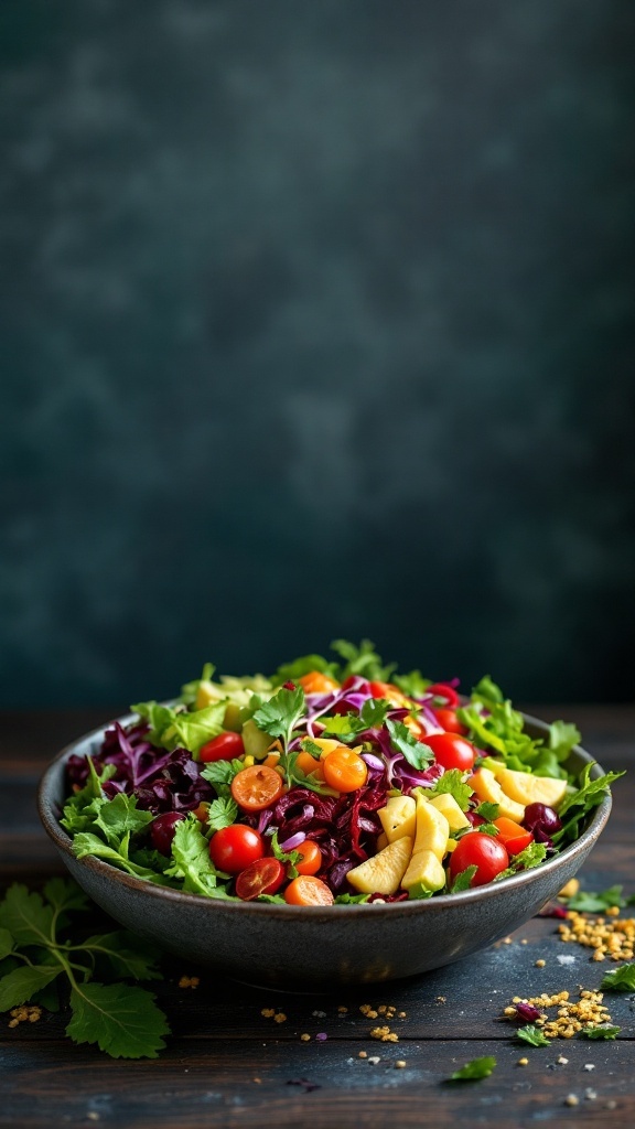 A colorful roasted mushroom salad with fresh greens, cherry tomatoes, and an assortment of vegetables.