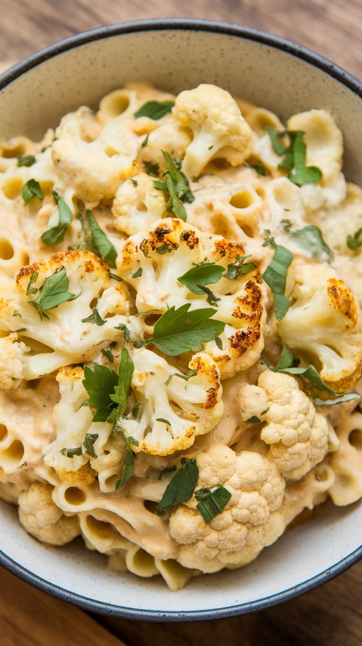 A dish of roasted cauliflower pasta garnished with fresh herbs.